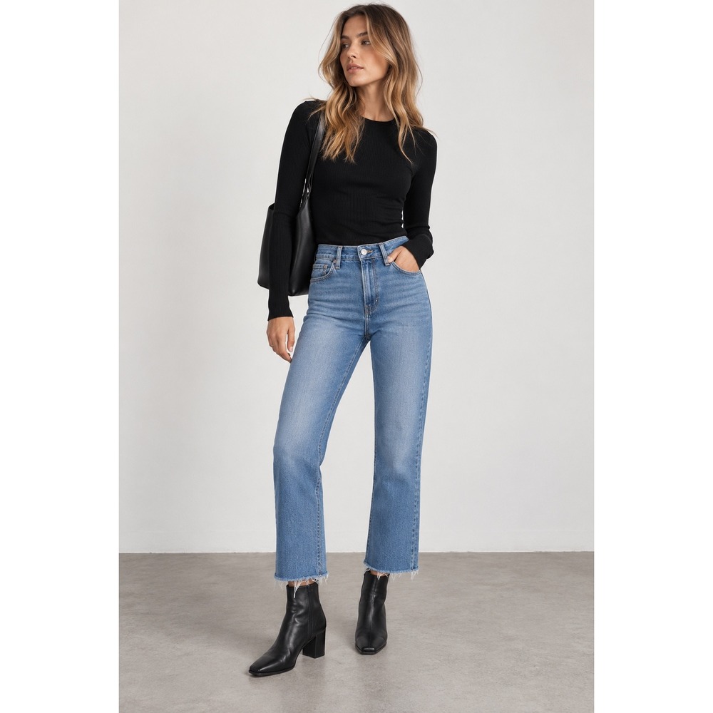 Paige Genevieve High Rise Straight Leg Jeans Medium Wash Raw Hem Womens Size 29